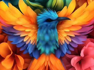 Obraz premium Vibrant bird with colorful feathers, set against a backdrop of bold, blooming flowers, showcasing nature's beauty and artistry.