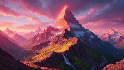 Mountains loom majestically under colorful sunset with a waterfall below. Synthwave