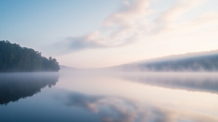 Obraz premium Serene Misty Morning: Tranquility at a Lake with Foggy Sky and Clouds