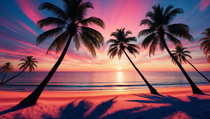 Obraz premium Golden sun dips below the horizon, casting vibrant colors over coast. Synthwave