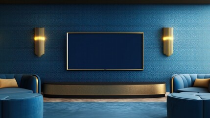 A luxurious living room with a TV mounted on a blue accent wall, complemented by plush, stylish furniture.