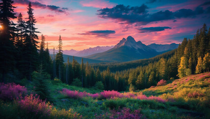 Sunset casts beautiful colors over lush forest filled with flowers. Synthwave landscape