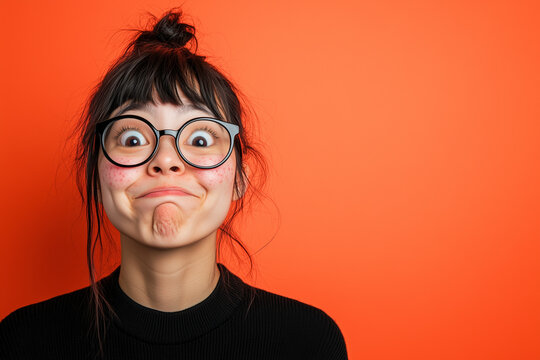 Funny expression. Round lens glasses. Orange background. Teen geek girl. 