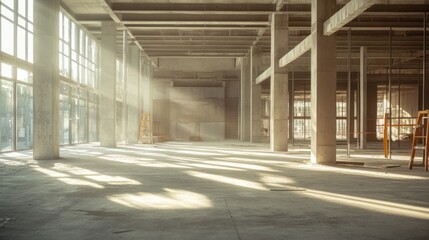 Spacious empty industrial building interior under construction with exposed concrete pillars, dust in the air, and sunlight casting shadows through large windows.