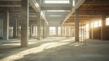 An empty, under-construction building interior with exposed columns, beams, and unfinished floors, illuminated by natural light streaming through the windows.