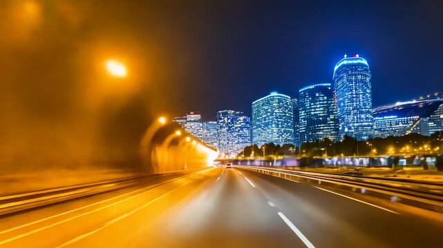 Tunnel Vision: Nighttime Motion Time-Lapse of City Skyline Drive