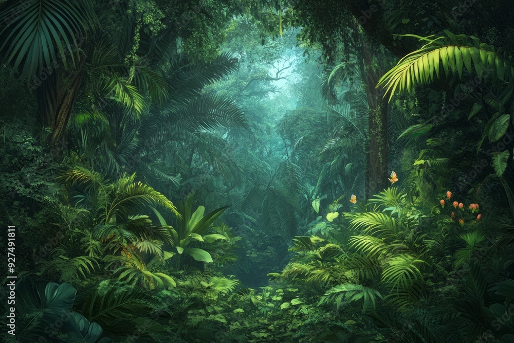 Poster Lush green jungle with sunlight filtering through the canopy and a glimpse of a path leading deeper into the foliage.