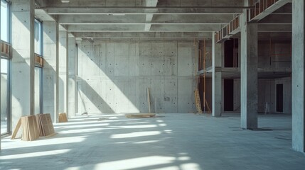 Interior of an unfinished building with exposed concrete, support columns, scattered construction materials, and ladder under natural light.