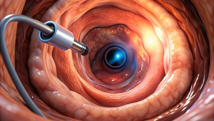 Close-up of a colonoscopy procedure showing a flexible tube with a camera and light inserted into the colon to detect and remove precancerous polyps.