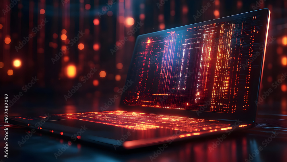 Poster a glowing laptop displaying vibrant data streams, ideal for tech and innovation themes in digital ar