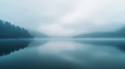 Obraz premium Serene Morning: Misty Sky and Clouds Reflecting on Tranquil Lake