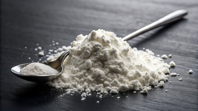 Close-up of a heap of pure white starch powder on a sleek black surface, with a small mound overflowing from a delicate silver spoon.