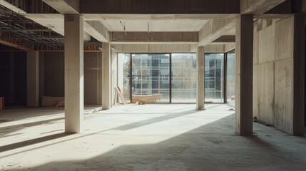 An unfinished interior space with bare concrete floors and pillars, sunlight coming through large windows, and construction materials indicating ongoing work.