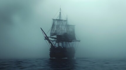 Ghostly Ship Sailing Through Misty Sea Tattered Sails Evoking Eerie Supernatural Legend