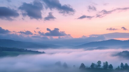 Serene Morning with Misty Sky and Soft Clouds for Relaxation and Inspiration