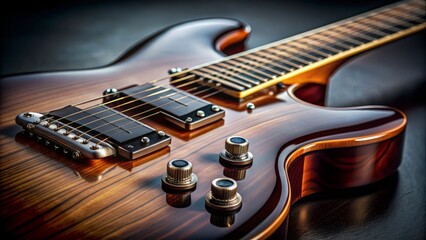 Close-up of a sleek electric guitar's body, showcasing intricate details of the fretboard, tuning pegs, and pickups against a dark, blurred background.