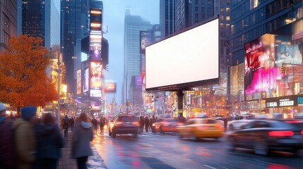 A busy city intersection with a prominent white empty billboard, surrounded by modern architecture.