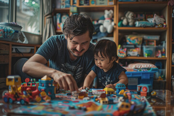 Fototapeta premium A father happily teaches his children to play with toys inside the house.