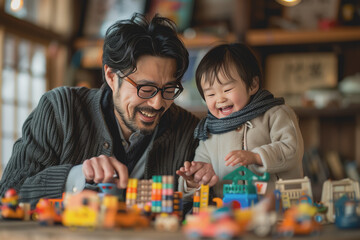 Fototapeta premium A father happily teaches his children to play with toys inside the house.