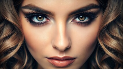 Fototapeta premium Close-up of a woman's eyes with lush, voluminous eyelash extensions, showcasing a natural, everyday look with subtle drama and length.