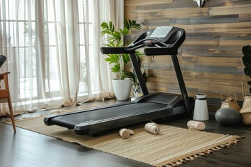 Home fitness sanctuary with treadmill and natural light by large windows