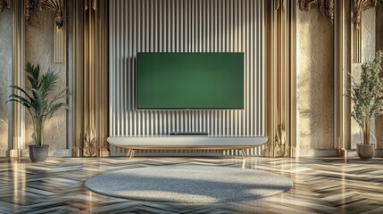 A modern green screen television set displayed in a cozy room with soft lighting and antique furnishings.