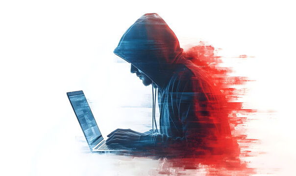 A hacker in a hoodie working on a laptop, surrounded by a dynamic digital effect, symbolizing cybersecurity and technology.