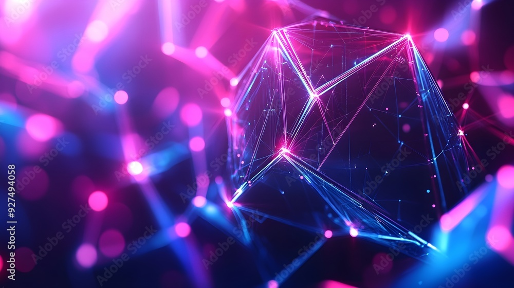 Poster abstract geometric shapes with neon lights and bokeh