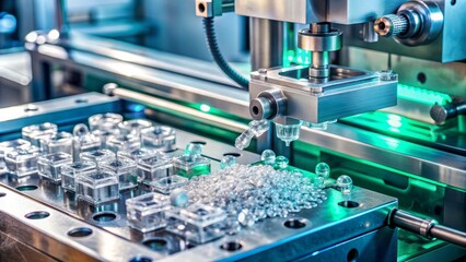 Fototapeta premium CLOSE-UP OF PLASTIC INJECTION MOLDING MACHINE PRODUCING SMALL TRANSPARENT PLASTIC PARTS WITH METAL MOLDS AND INDUSTRIAL TOOLING IN THE BACKGROUND.