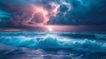 Dramatic lightning storm over blue ocean waves.