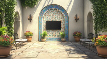 A serene outdoor patio with a TV on a textured wall, framed by lush greenery and warm lighting.