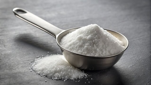 Close-up of white crystals of citric acid powder in a small heap on a stainless steel laboratory scoop against a clean gray background.