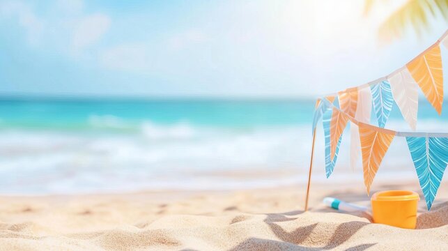 Feather flag banner on a sandy beach, ocean waves in the background, coastal theme, bright sunlight, high resolution