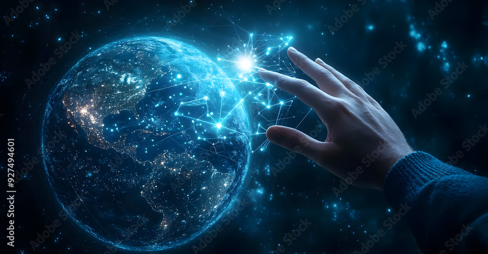 Poster a hand reaching towards a glowing globe, symbolizing connection and exploration in a digital univers