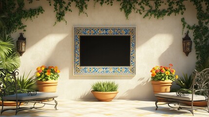 A Mediterranean courtyard with a flat-screen TV on a stone wall, surrounded by potted plants and colorful tiles.