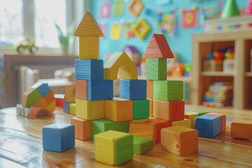 Fototapeta premium Colorful wooden toy blocks are on a wooden table in the room where children are playing.