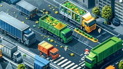 A top-down view of a city intersection with semi-trucks and dump trucks, some are full of yellow and green cargo