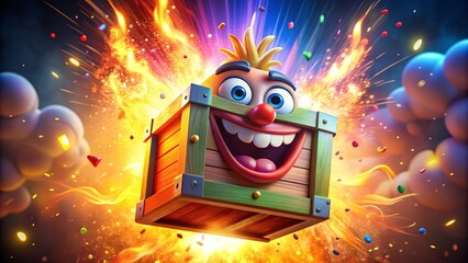 Colorful animated explosives crate with a goofy, exaggerated expression and limbs, surrounded by sparks and flames, conveying a playful, humorous tone.