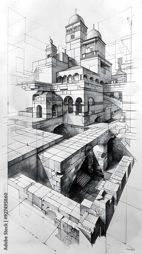 Poster architectural sketch of a building with perspective lines.