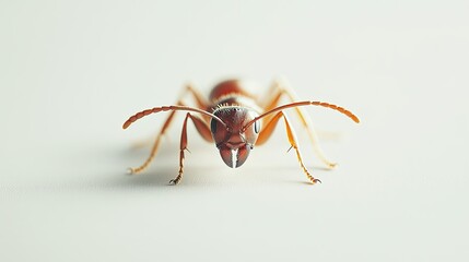 A close-up of a single ant on a white background, highlighting its detailed body structure and antennae. The simplicity of the scene draws attention to the tiny insect.