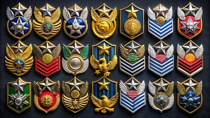 Colorful array of official US military rank insignia badges, showcasing various officer and enlisted ranks, on a dark background, symbolizing service and sacrifice.