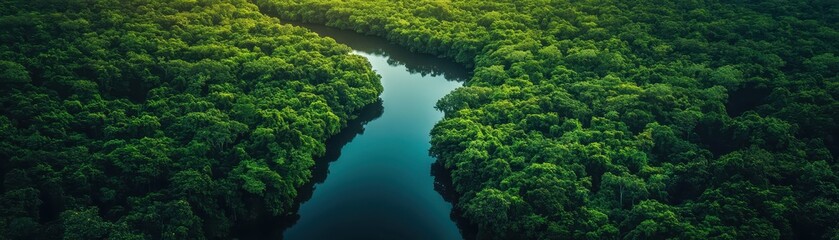 Fototapeta premium Aerial View of Lush Green Rainforest with Serene River Winding Through Dense Vegetation at Sunrise