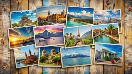 Colorful array of vintage-style printed postcards with assorted destinations and scenic views, fanned out against a distressed wood background, evoking a sense of travel and nostalgia.