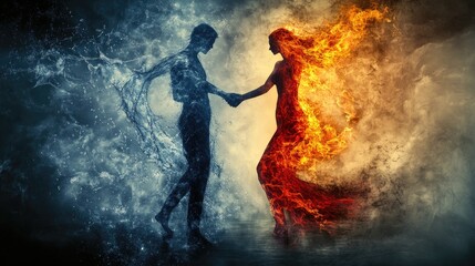 A conceptual image of a woman formed from flames and a man shaped by water, holding hands in a symbolic dance of opposing forces, with a background blending both elements