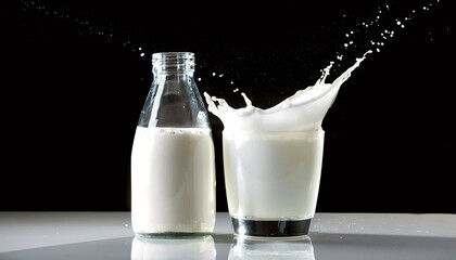 A glass of milk and glass bottle with splashes on black color background.