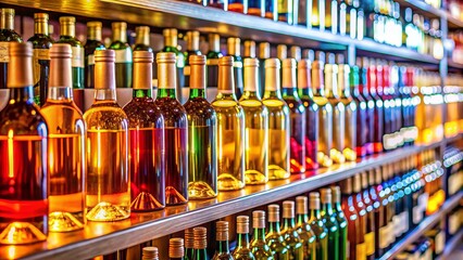 Colorful bottles of wine, champagne, and spirits line the shelves of a well-stocked liquor store, casting a warm glow amidst a bustling shopping atmosphere.