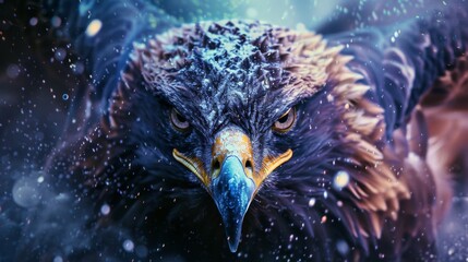 Awe-Inspiring Cyborg Eagle Warrior Blending Organic and Synthetic Elements Against Swirling Luminous Smoke Background