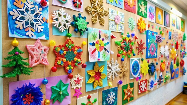 Colorful Christmas artwork created by happy kids adorns the wall, featuring handmade snowflakes, ornaments, and festive decorations, showcasing their creativity and holiday cheer.