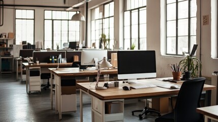 Fototapeta premium A spacious, well-lit office with wooden desks, computers, ergonomic chairs, and potted plants, reflecting a modern, open-plan workspace design with a casual feel.