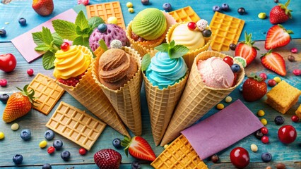 Colorful coupons and vouchers scattered around a delicious stack of assorted ice cream cones, surrounded by sweet treats and summery vibes.